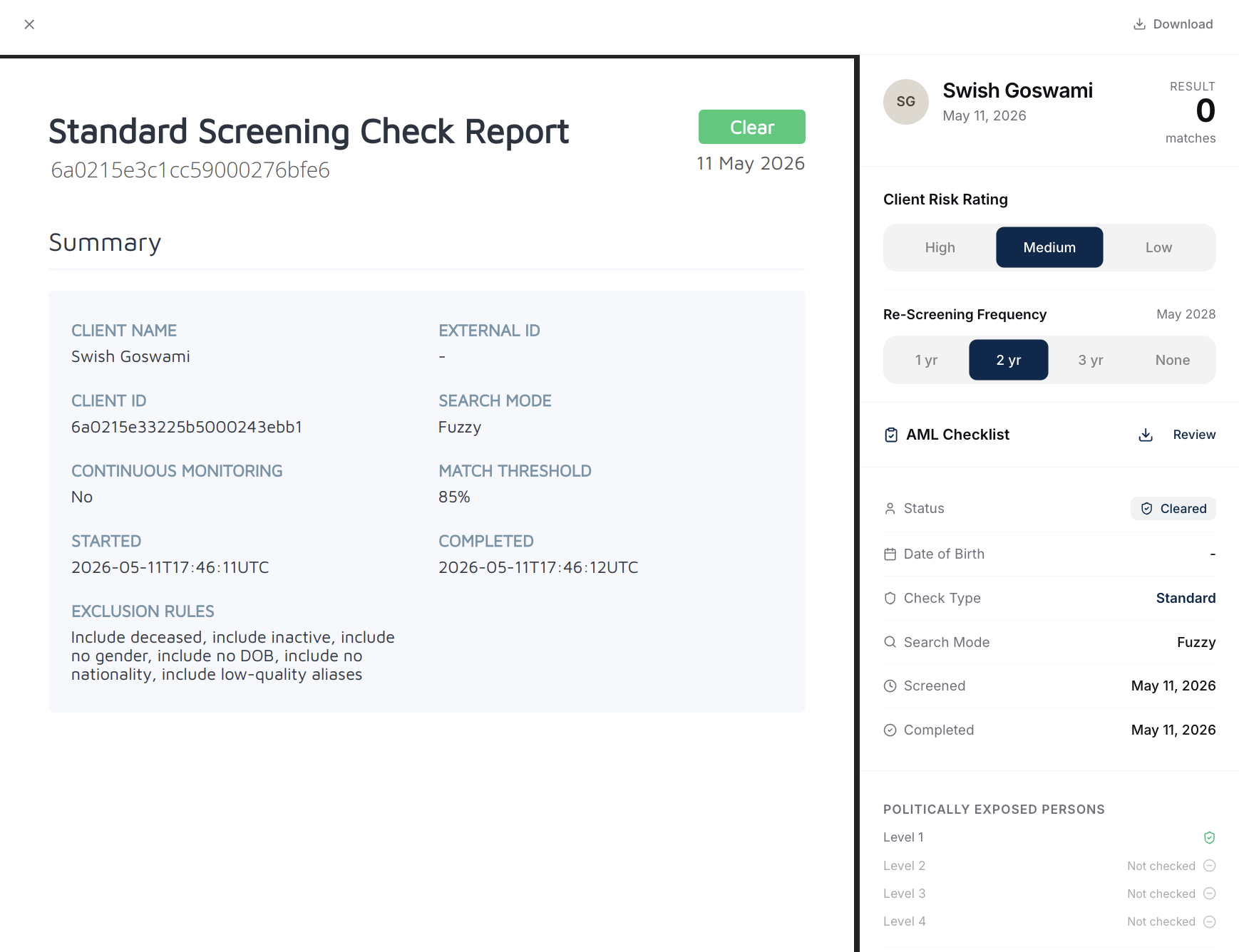 Standard screening check report in BrokerPlus