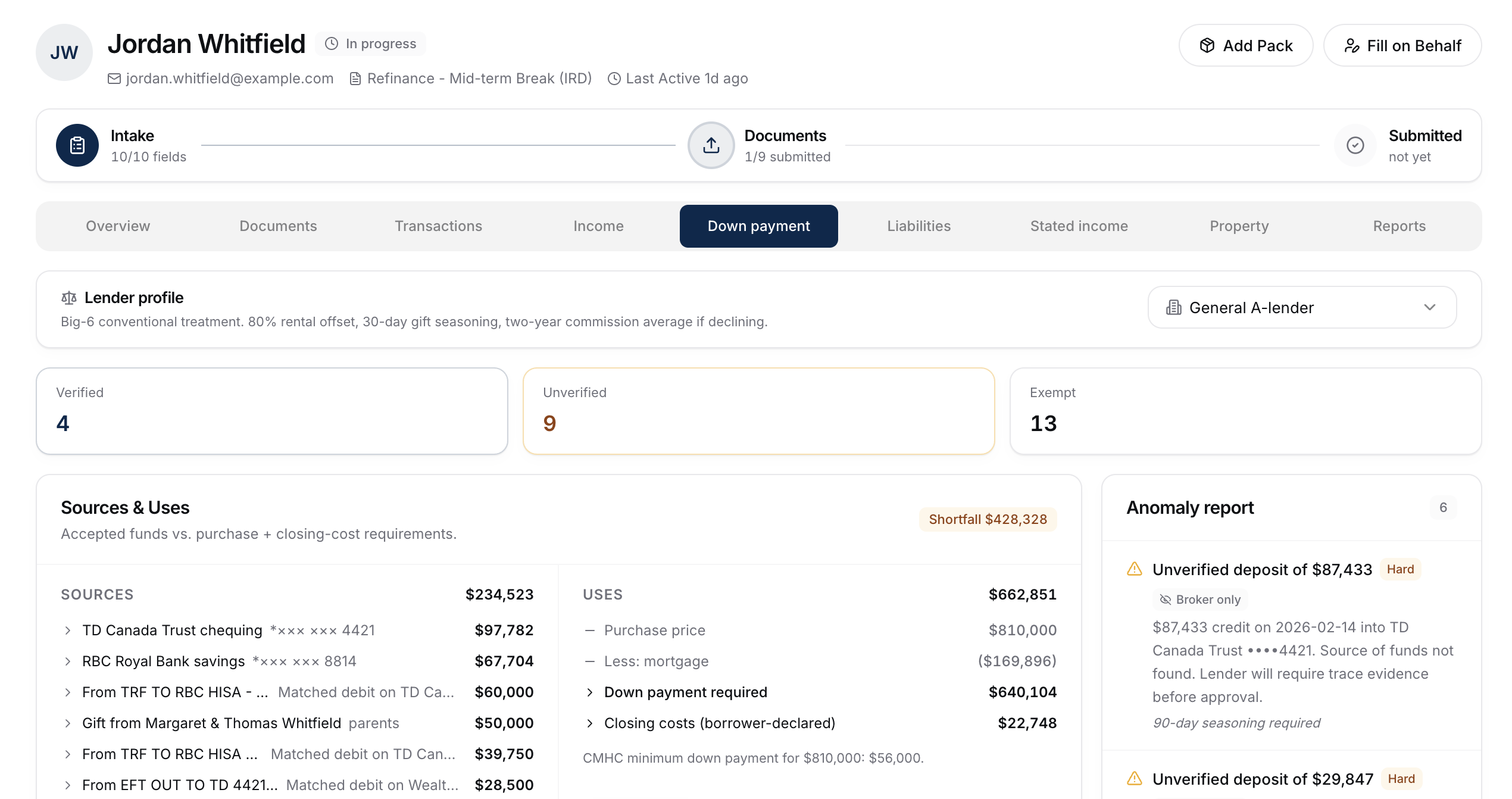 Borrower portal down payment verification in BrokerPlus